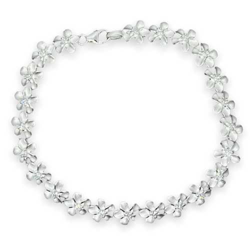 Sterling Silver 9MM Hawaiian Plumeria with Clear CZ Design Bracelet