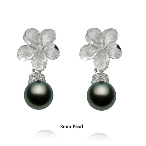 14KT White Gold Hawaiian 12mm Plumeria Tahitian Black Pearl Earrings