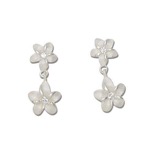 Sterling Silver Double Hawaiian Plumeria with Clear CZ Dangling Earrings