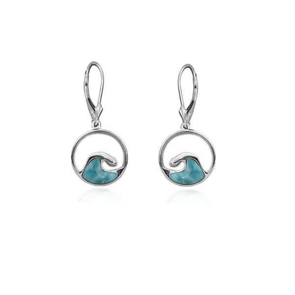 Sterling Silver Genuine Larimar Wave in Circle Lever Back Dangling Earrings