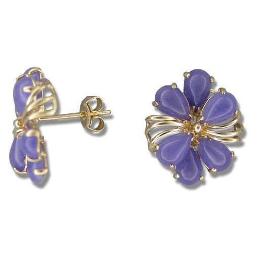 14KT Yellow Gold Fancy Six-Petal Plumeria with Purple Jade Earrings