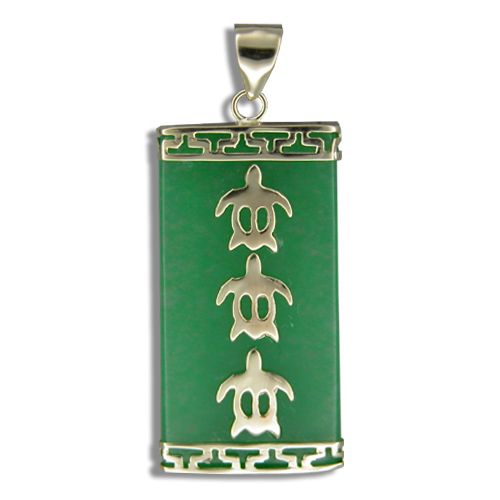 14KT Yellow Gold Hawaiian Honu with Rectangle Shaped Green Jade Pendant (L)