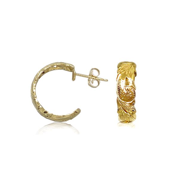 14kt Yellow Gold 6mm Cut-out Edges Hawaiian Plumeria Scroll Hoop Earrings.