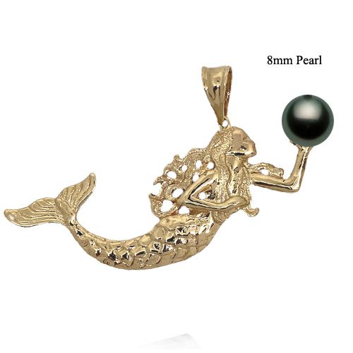 14KT Yellow Gold Swimming Mermaid Design AAA Round Tahitian Pearl Pendant