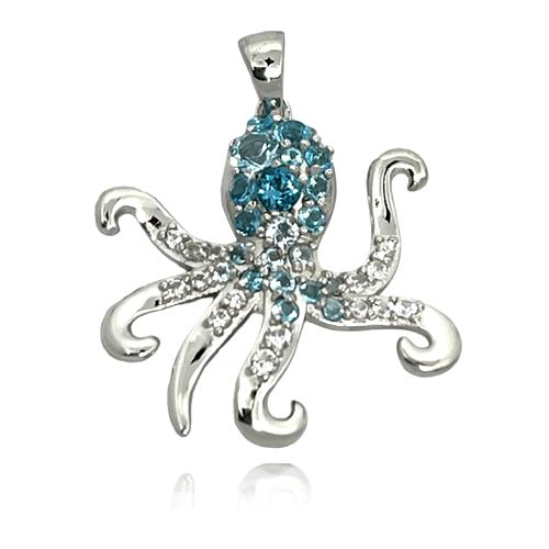 Sterling Silver Mixed Shades Blue Topaz Octopus Pendant