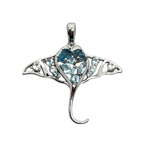 Sterling Silver Mixed Shades Blue Topaz Manta Ray Pendant