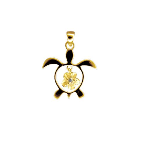 14kt Yellow Gold Hawaiian HONU with Dangling Plumeria Pendant