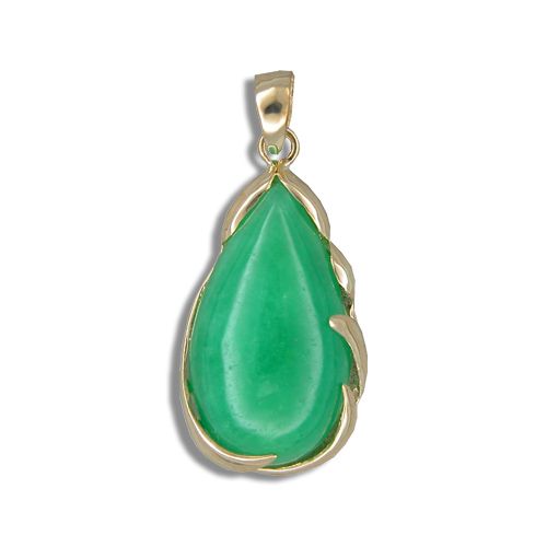 14KT Yellow Gold Green Jade Tear Drop Pendant