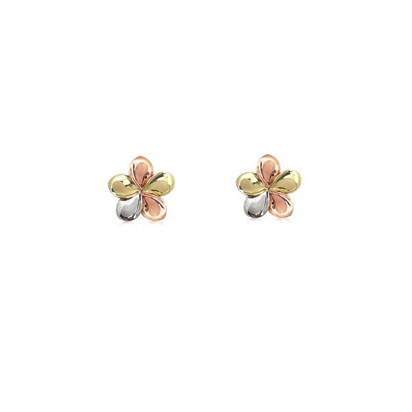 14KT Gold Tri-color 8mm Plumeria Stud Earrings