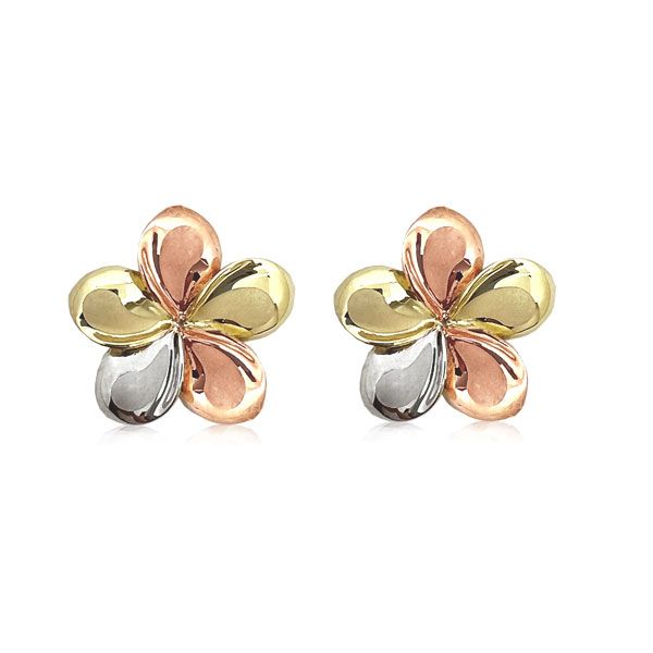 14KT Gold Tri-color 16mm Plumeria Stud Earrings