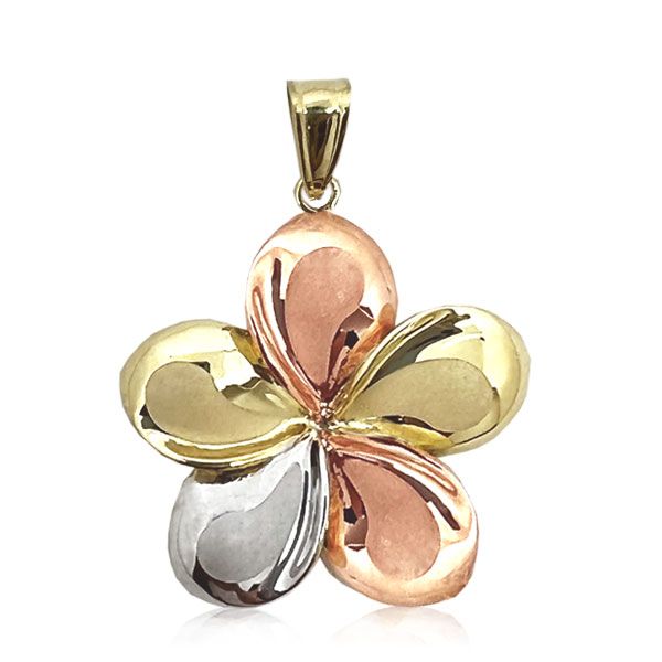 14KT Gold Tri-color 30mm Plumeria Pendant