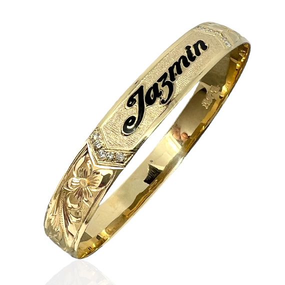 14K Yellow Gold Custom Script Letter Font Hawaiian Bangle Bracelet with Plumeria and Diamond Chevrons