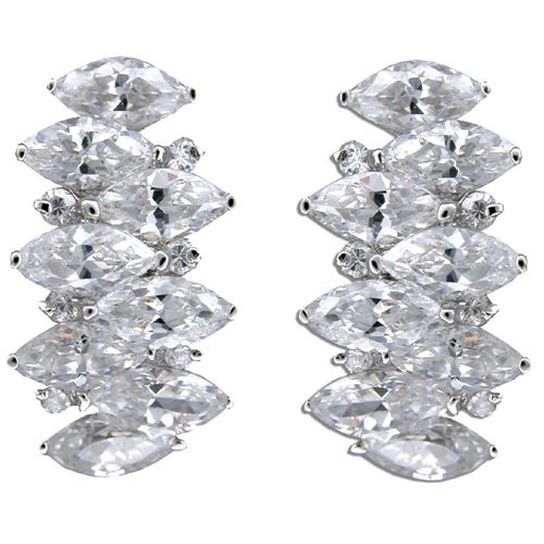 Sterling Silver Marquise Shaped Clear CZ Half-Hoop Earrings 