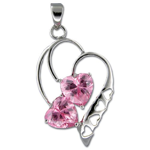 Sterling Silver Heart Shaped Pink Tourmaline CZ in Heart Pendant 